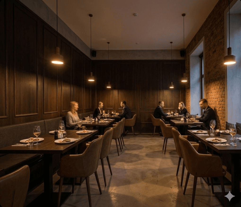 Restaurant interior with warm lighting